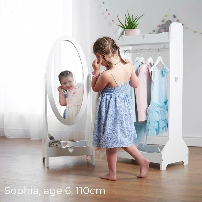 Standing Mirror for Children aged 3-7, Wooden Children's Mirror for Girls' Room, Mirror for Children's Room, Children's Mirror with Storage, Girls' Freestanding Standing Mirror White, Christmas Gifts