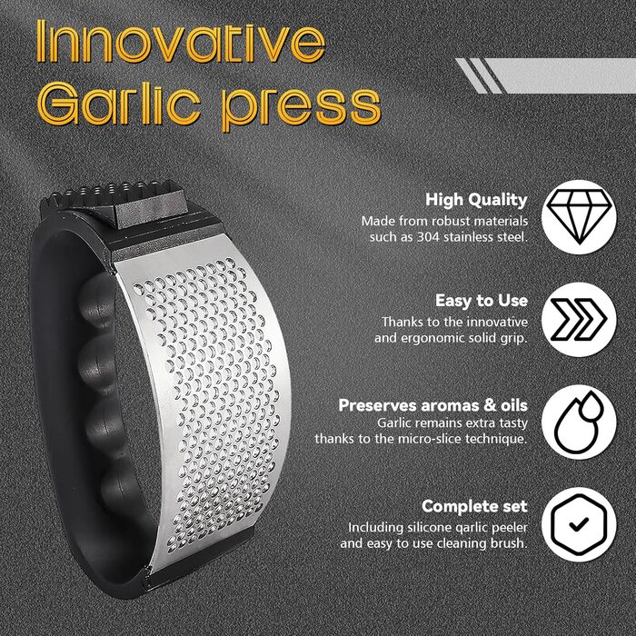 Прес для часнику Wippe з нержавіючої сталі, багатофункціональний, з очищувачем та щіткою для чищення. Підходить для часнику, імбиру та іншого. Можна мити в посудомийній машині.