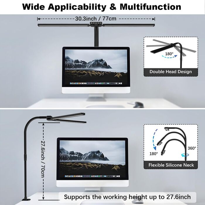 Лампа для столу Hapfish LED з кріпленням, 24W, подвійний настільний світильник, широке та яскраве освітлення, 5 режимів кольору та 5 рівнів регулювання яскравості, лампа денного світла для офісу, дому, дітей, з шийкою-лебедем