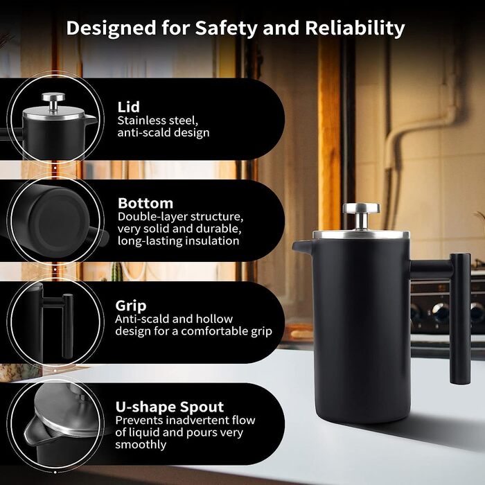 Make Large French Press Coffee Maker, Double Insulated 304 Stainless Steel French Press with 3 Extra Filters, 1.5 Liter Stainless Steel Coffee Machine (1500ml, Black) 1500ml Black