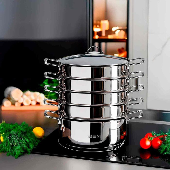Набір для приготування на пару BEM: 6 предметів з нержавіючої сталі 18/10, діаметр 26 см. Російська мантоварка з вставкою для пари та скляною кришкою, каструля для приготування на пару, набір для приготування на пару. НЕ для індукційних плит.