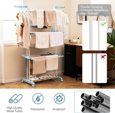 Сушарка для білизни HOMASIS з 4 рівнями, розкладна, на коліщатках, з бічними крилами, 127x63x171cm, 30 кг, світло-блакитна