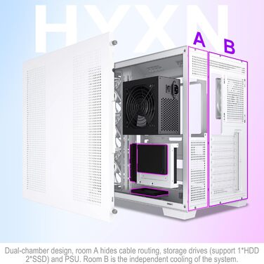 Корпус для ПК HYXN H1 ATX з 7 вентиляторами PWM ARGB, Mid Tower, Dual Chamber, Type-C, підтримка 3x360 мм кулерів (білий)