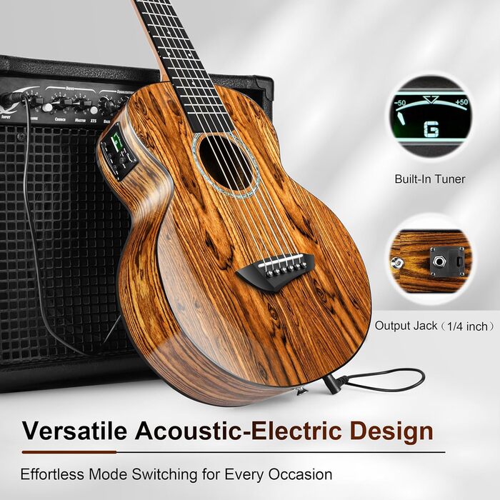 Гуітарела Caramel GEG95 з бокоте, блискуча, професійна, 6-струнна, акустична та електрогітара з аксесуарами для подорожей, 30'