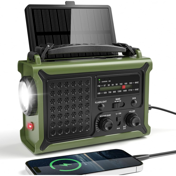 Сонячне радіо з ручним приводом 12000mAh, портативний приймач світу, радіо для надзвичайних ситуацій з AM/FM, 8500 мм² сонячна панель, Powerbank, ліхтарик та світло для читання, для виживання та відключень електроенергії (зелене)
