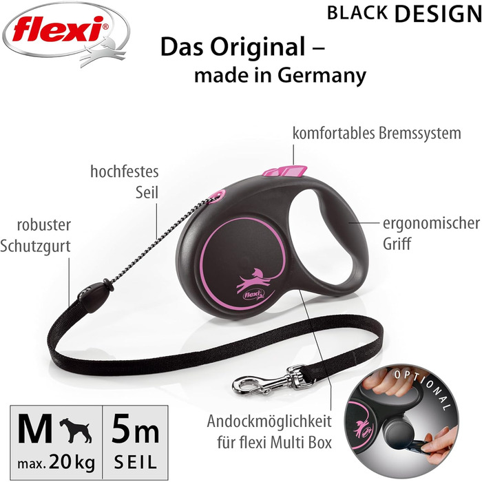 Flexi® Roll-Leine для собак до 12 кг, 5 м, чорний/рожевий
