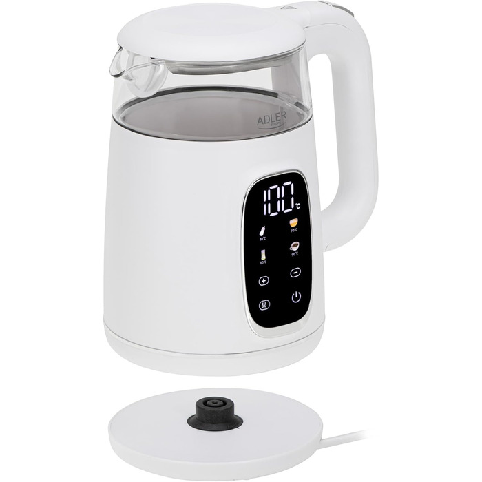 Електричний чайник Adler з регулюванням температури 2200W, 1.7L з LED-дисплеєм та сенсорною панеллю, 5 температурних програм, функцією підтримання тепла, з фільтром (Білий, Сріблястий)
