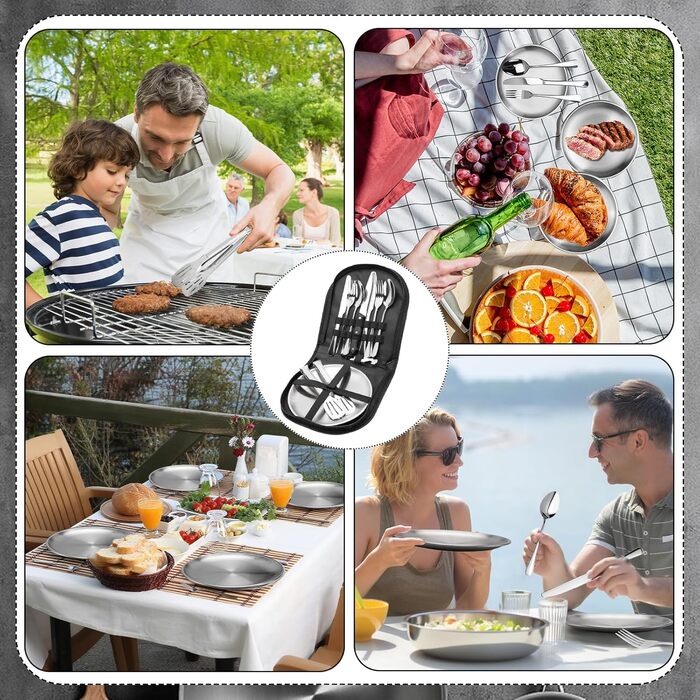 Набір посуду для кемпінгу на 4 особи, 22 шт. Посуд для відпочинку на природі, столові прибори (ложки, виделки, ножі), фіксатори для тарілок, серветки для миття. Ідеально для пікніків та подорожей.