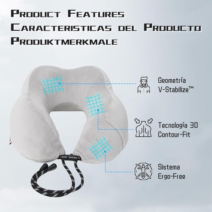 Подушка для шиї у подорожах: автомобільна, для літака, з піною з пам'яті та м'яким велюровим чохлом. Подушка-вишенка для дорослих, для подорожей, кемпінгу, офісу та дому (Сірий, бавовна)