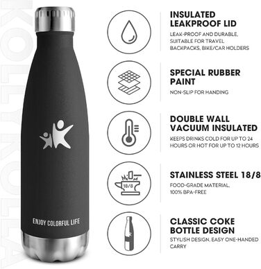 Термос KollyKolla: пляшка для води з нержавіючої сталі 500мл/750мл/1л, не протікає, без BPA, ізоляція, для дітей, спорту, школи, фітнесу, активного відпочинку, кемпінгу, чорний