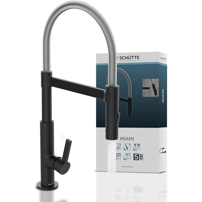 Кухонний змішувач SCHÜTTE 79147 MIAMI з висувною насадкою, поворотним гусаком 360° та Soft Touch, для раковини (хром/чорний)