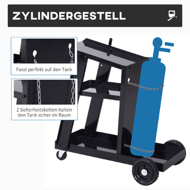 DURHAND Welding Cart Welding Equipment Cart with 3 Shelves and Safety Chain, Gas Cylinder Cart in Black 71x39x70 cm for Workshop