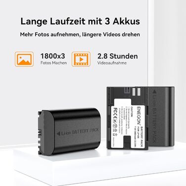 Акумулятор ENEGON LP-E6 (3x3000mAh) з зарядним пристроєм на 3 слоти LCD, сумісний з Canon EOS 5D, 5D Mark II, 6D, 7D, 60D, 70D, 80D, 90D, XC10, XC15