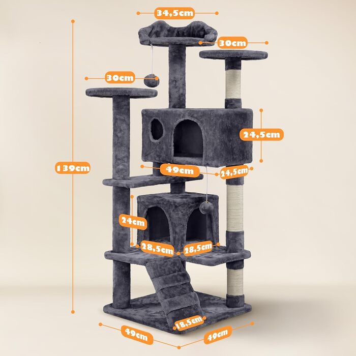 Дерево-стійка для котів Yaheetech 139 см, з 3 платформами, 3 стовпчиками для шліфування, 2 будиночками, м'ячиками, сірого кольору