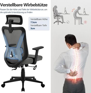 Офісне крісло Yaheetech ергономічне, регульована спинка, підголівник, підлокітники, поперекова підтримка, поворотне, регулювання нахилу 90°-130°, чорне