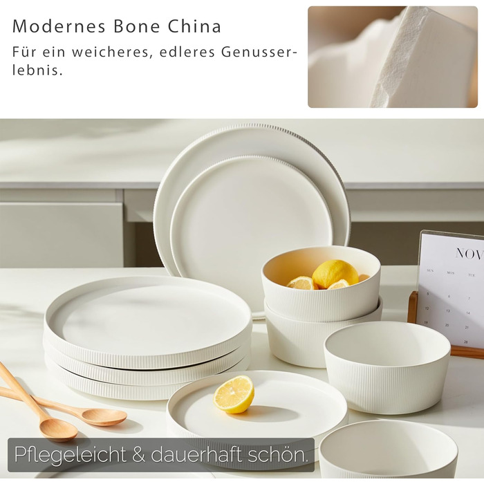 Набір посуду Jiwoo для 4 осіб (12 предметів): тарілки, супові миски, десертні тарілки - Bone China, сучасний дизайн, безпечно мити в посудомийній машині та використовувати в мікрохвильовці