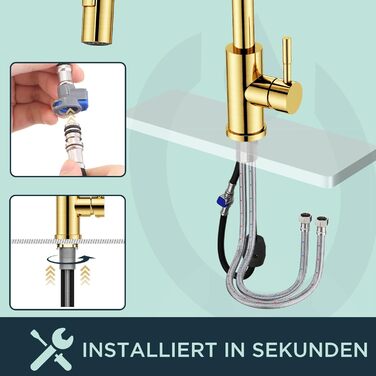 Кран кухонний FORIOUS, Чорний, з висувною лійкою, поворотний на 360°, з покриттям Gold