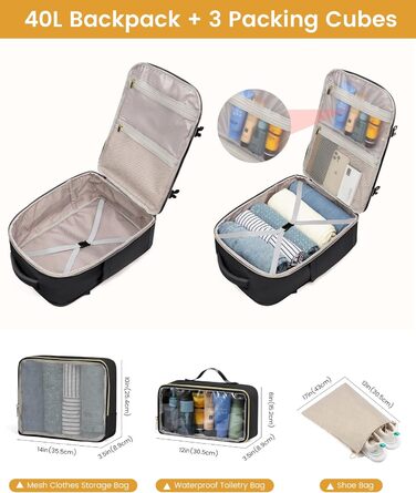 LOVEVOOK Рюкзак для ручної поклажі, 40L, водонепроникний, для ноутбука 17 дюймів, чорний, для подорожей та бізнесу