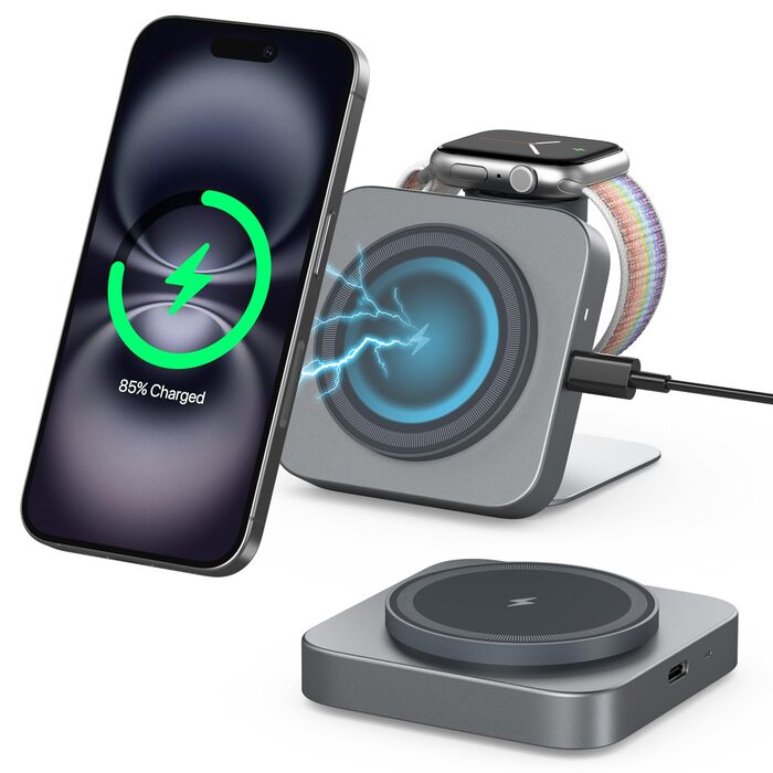 Бездротова зарядка 2-в-1 для Apple Watch та iPhone: індуктивний зарядний пристрій, портативний, сумісний з iPhone 16/15/14/13/12 та iWatch Series, AirPods Pro 3/2 (Сірий)