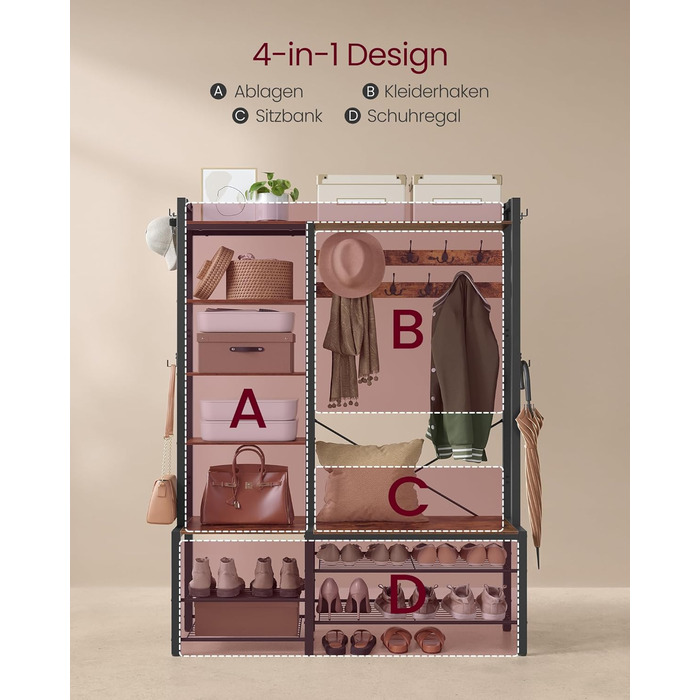 VASAGLE Coat Rack with Shoe Bench, Coat Rack, 5 Shelf Levels made of Particleboard, 9 Triple Hooks, 6 Side Hooks, 40 x 120 x 190 cm, Stone Gray-Ink Black HSR426B04 (Vintage Brown + Ink Black)