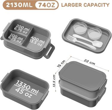 WayEee Ланчбокс для дорослих 2130 мл, великий об'єм, бенто-бокс, витікання захищено, BPA Free, для офісу, школи (сірий)