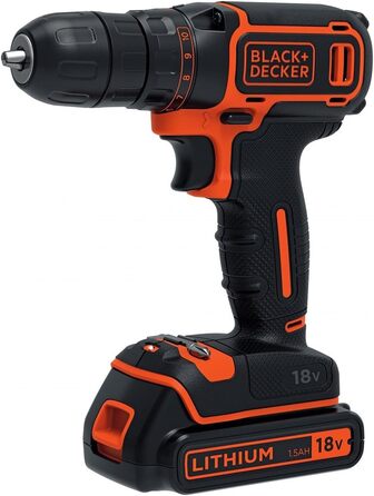 Акумуляторний дриль-шуруповерт BLACK+DECKER 18V з 2 акумуляторами 1.5Ah, швидкою зарядкою та 80 аксесуарами в кейсі