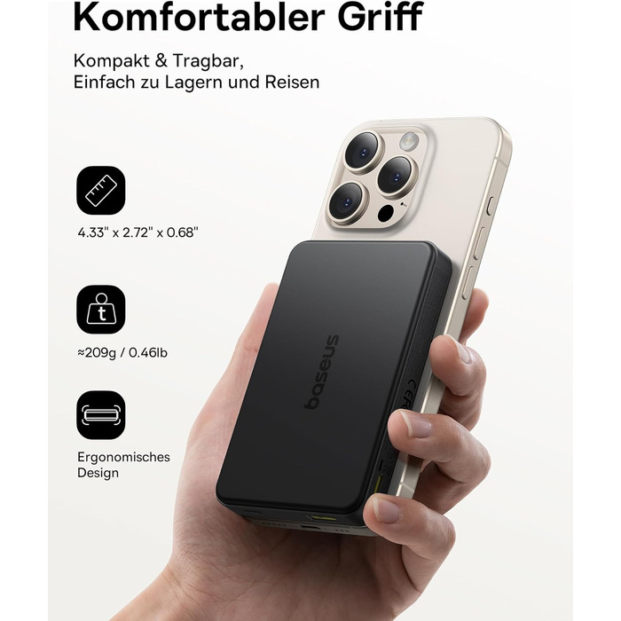 Power Bank Baseus 10000mAh: Бездротова зарядка 15W, MagSafe, PD 22.5W, USB-C, Білий/Чорний