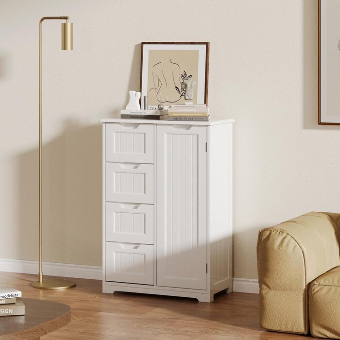 Bealife Bathroom Cabinet, Narrow Vanity Storage Cabinet with 4 Drawers, Cupboard Door, Adjustable Partition, Suitable for Bathroom, Living Room, Kitchen, Hallway