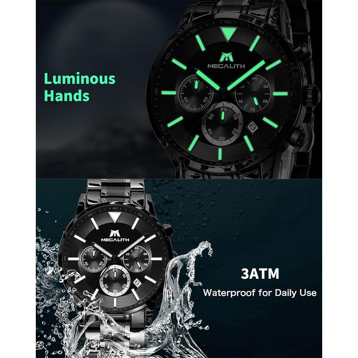 Чоловічий годинник MEGALITH з нержавіючої сталі, хронограф, велике циферблат, водостійкий, з датою, для роботи та відпочинку. Стильний подарунок для чоловіків (8345 Чорний)