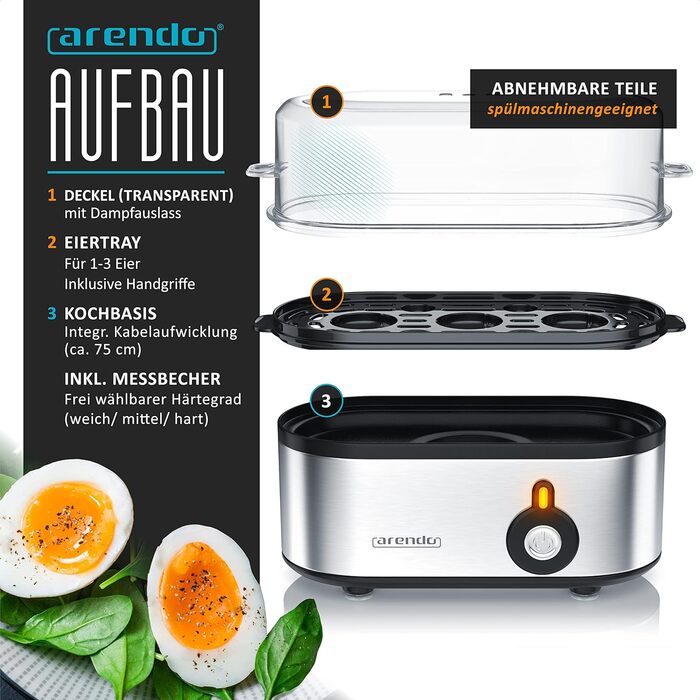 Електричний яйцеварка Arendo Threecook з нержавіючої сталі - 1-3 яйця, регулювання ступеня готовності, безпечний, BPA-free