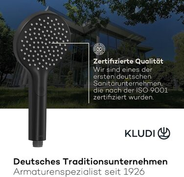 KLUDI-X3 Universal Shower Head with Hose, Shower Spray optional water-saving with 3 Spray Patterns (Body, Hair, Skin), easy-to-clean shower head Ø 11.7 cm, shower hose 1.60 m (1 spray pattern, Matte Black)