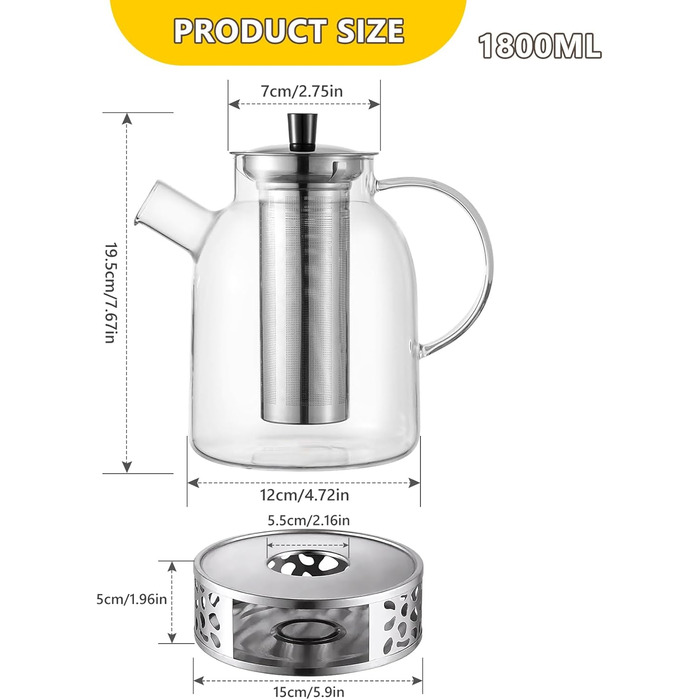 Скляна чайниця 1,8L з ситечком та підставкою – Borosilikatglas, для листового чаю та пакетиків, миється в посудомийній машині
