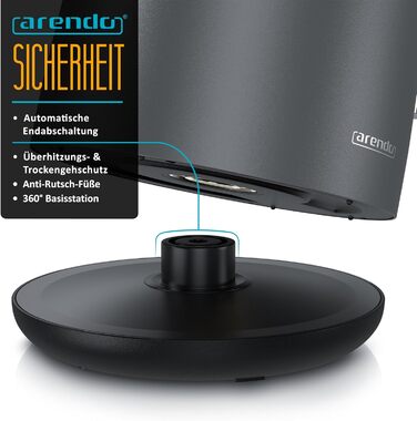 Електричний чайник Arendo з нержавіючої сталі 1.5 л, 2200 Вт, подвійні стінки, 360°, без BPA, захист від перегріву та сухого кипіння, чорний матовий сірий, 1.5 л