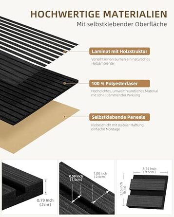 Акустичні настінні панелі JAMELO з шпоном дерева, самоклеючі 3D панелі для стін, стелі та дверей, колір горіх, 10 шт (30 x 15 x 1.2 см)