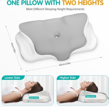 Подушка для шиї Ehomfory з піною Memory Foam, ергономічна подушка для сну на боці, спині та животі, 62x41x9/12 см, сіро-біла