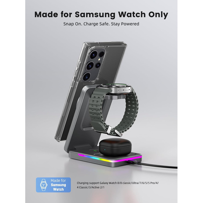 Магнітна бездротова зарядка 3-в-1 для Samsung Galaxy S26 Ultra, S25, Z Fold 7, Z Flip 7, Galaxy Watch Ultra/8/7/6 та Buds Pro 3 (Сірий)