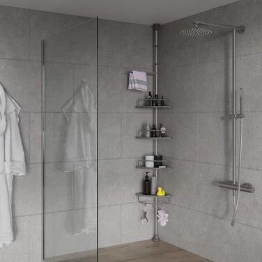 Stardis Telescopic Corner Shelf, Stainless Steel, Rust-Proof with 4 Shelves, Shower Shelf, Telescopic Shelf for Shower, Bathroom, Shower Shelf, Height Adjustable from 120-300 cm, Grey
