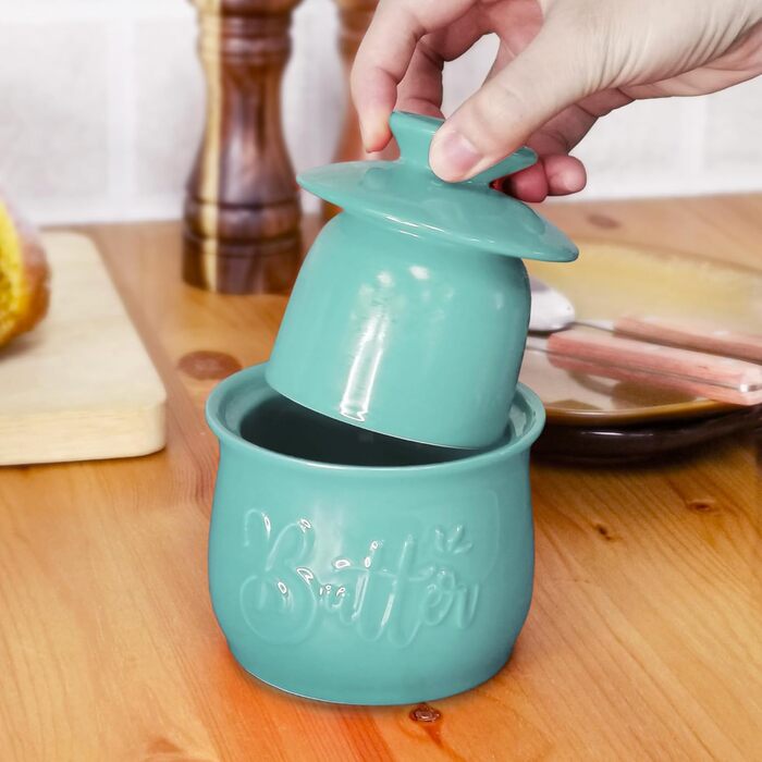 MAIA Buttertopf ceramic butter dish, 156 ml, with water and butter dispenser, holder for spreadable butter, French butter crock with lid, butter container for kitchen countertop, blue-green kitchen decoration
