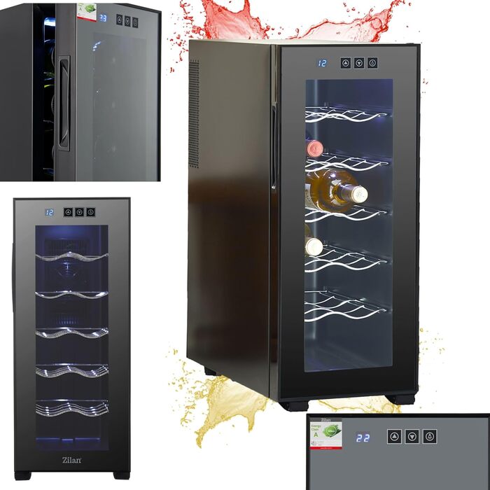 Виставковий винний холодильник Zilan на 12 пляшок, 33 літри, LED, тихий, міні-винний кліматичний шкаф з дверцятами зі скла