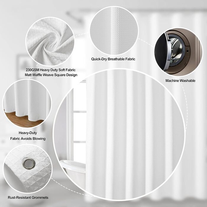 Драпіруваний душовий завіс: великий, білий, з текстурою вафельного плетіння, з тканини, міцний, готельний, для ванної кімнати, 183x244 см