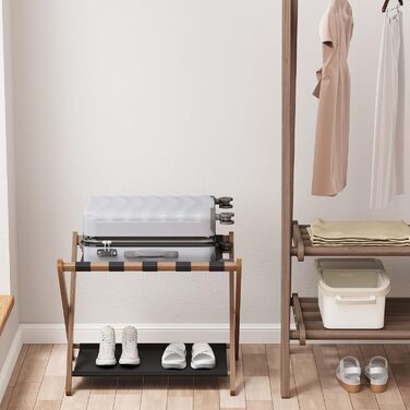 Smuxee Walnut Bamboo Luggage Rack for Guest Rooms, Folding Suitcase Stand with Storage Shelf, Lightweight Assembled Luggage Rack with 5 Nylon Straps for Guest Rooms Bedrooms Hotel