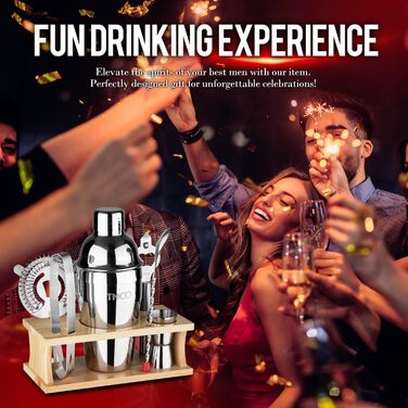 Набір бармена Mixology Barkeeper: шейкер для коктейлів, 8 предметів, з дерев'яною підставкою, аксесуари для приготування коктейлів (срібний)