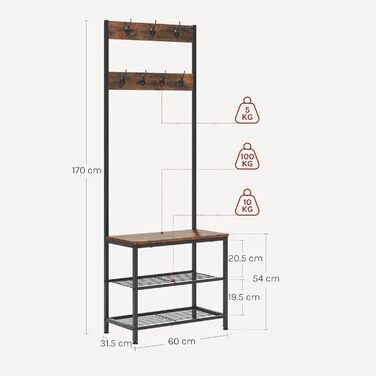 WOLTU Coat Rack Clothes Rail Laundry Rack Shoe Rack with Seat, with 7 Hooks, Made of Wood and Steel, Hanging Shelf, Black Vintage (Black + Rustic Brown)