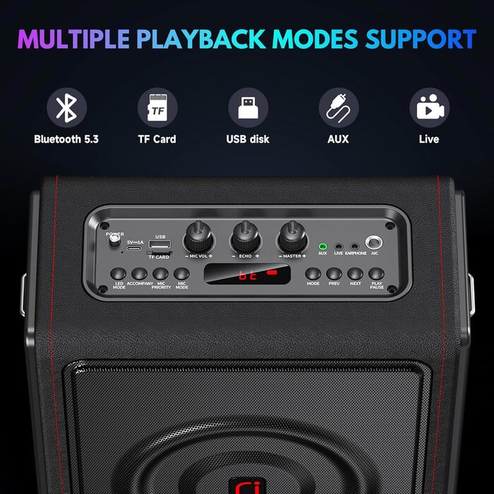 Караоке машина HWWR з 2 бездротовими мікрофонами, портативна Bluetooth 5.3 акустика з RGB-підсвіткою, PA-система для вечірок, Partybox, TWS, чорний