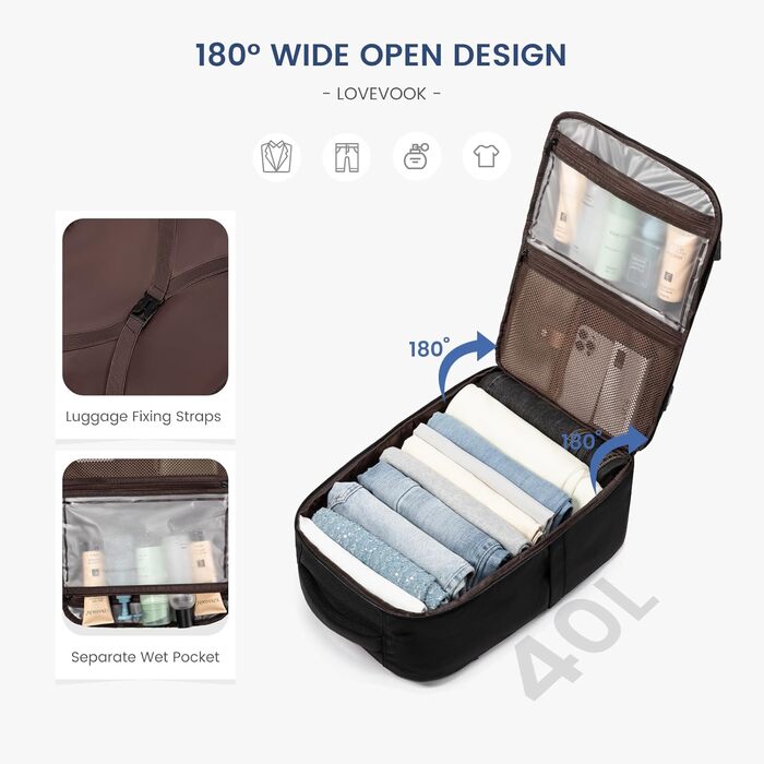 LOVEVOOK Рюкзак для ручної поклажі, дорожній рюкзак чоловічий/жіночий, 40л, з відділенням для ноутбука, чорний (45 x 32 x 20 см)