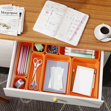 45 Piece Drawer Organizer Set for Office with 3 Sizes, Vanity Makeup Organizer Drawer, Storage Desk Organizer Drawer System for Kitchens, Bedrooms, Bathrooms, Office, Grey (3 - Sizes, Orange (45 Pieces))
