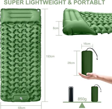 YOUXIU Self-Inflating Camping Mat - Lightweight, Waterproof Sleeping Pad with Foot Pump - Ideal for Hiking, Travel & Tent Use (Green)