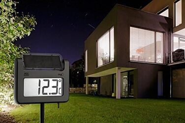 TFA Dostmann Avenue Digital Solar Garden Thermometer, 30.2026, with Light Sensor, Time Display, High/Low Values, Height 1145mm, Silver