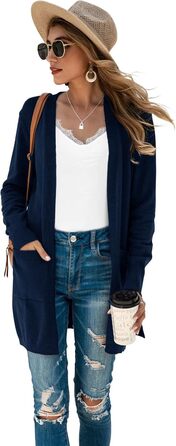 Кардиган жіночий Saodiallsu з довгим рукавом, однотонний, з кишенею (темно-синій, L)