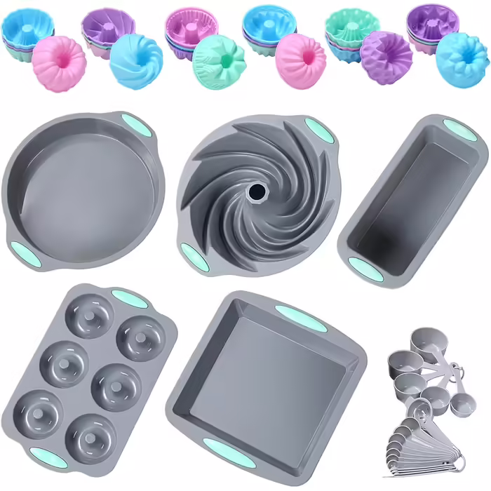 51-Piece Silicone Baking Molds Set, Non-Stick Kitchen Baking Molds, Silicone Cake Molds with Muffin Tin, Cookie Baking Sheet, Cake Pan, Donut Pan, and Loaf Pan (46 Pcs Bakeware Sets)